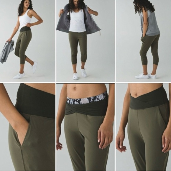 Lululemon sunset salutation crop size 6 olive green fold over waistband - Picture 1 of 11